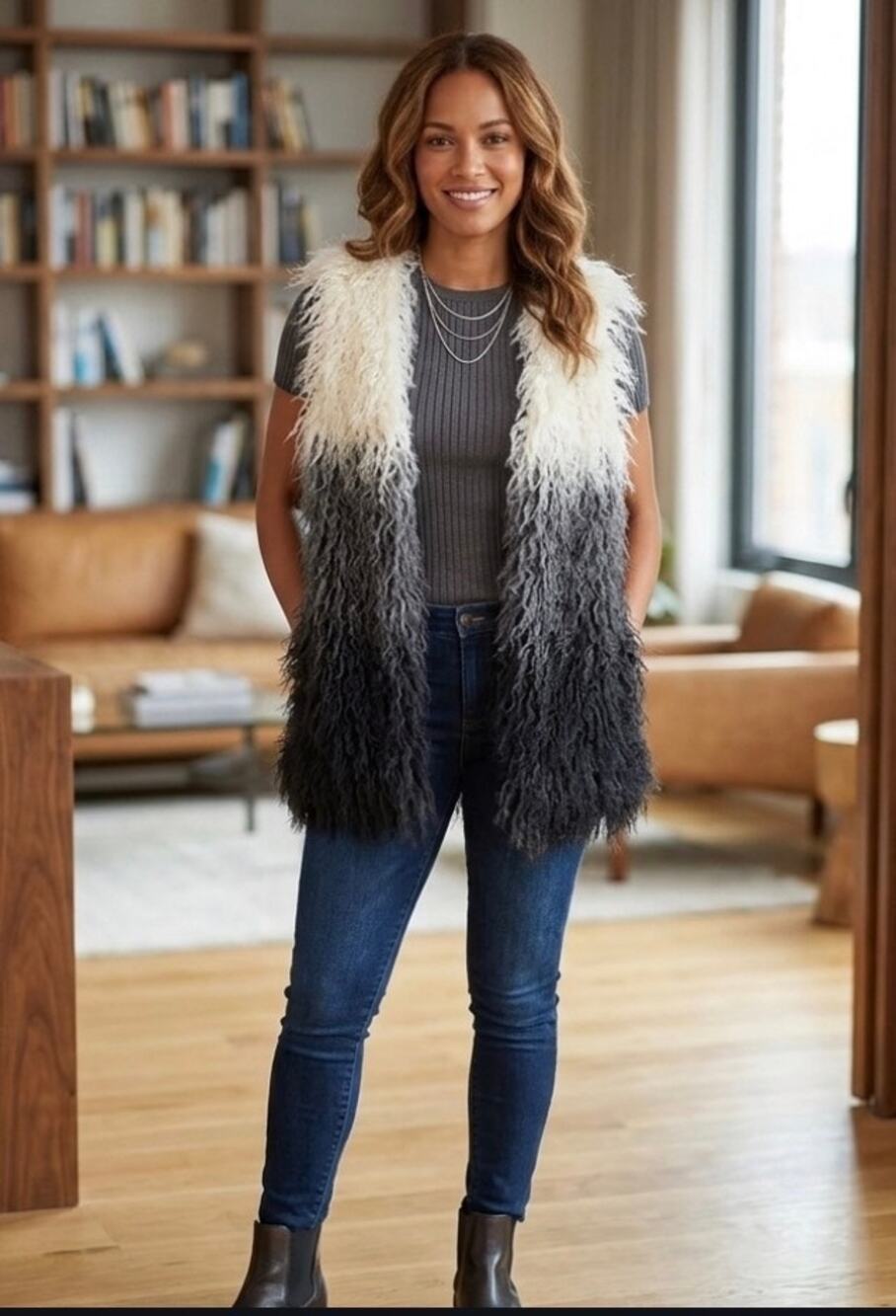 Y2K New Directions Boho Shaggy Faux Fur Ombre Sleeveless Sweater Vest Size S